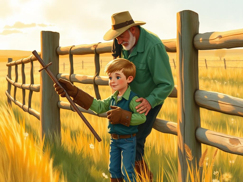 Jacob handing Grandpa a fencing tool along the fence line
