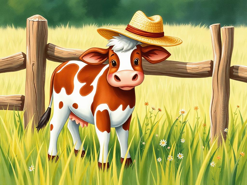 Trouble the cow wearing Grandpa's straw hat by the pasture fence
