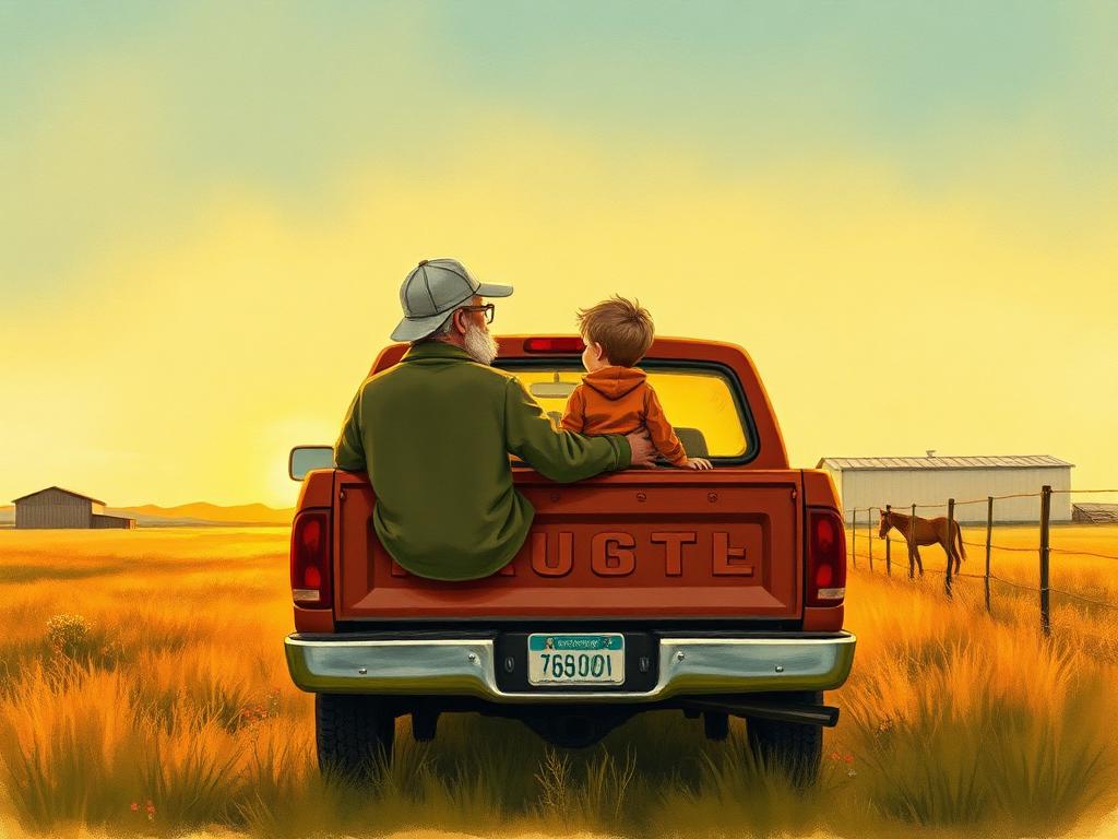 Jacob and Grandpa on a tailgate looking at the finished fence